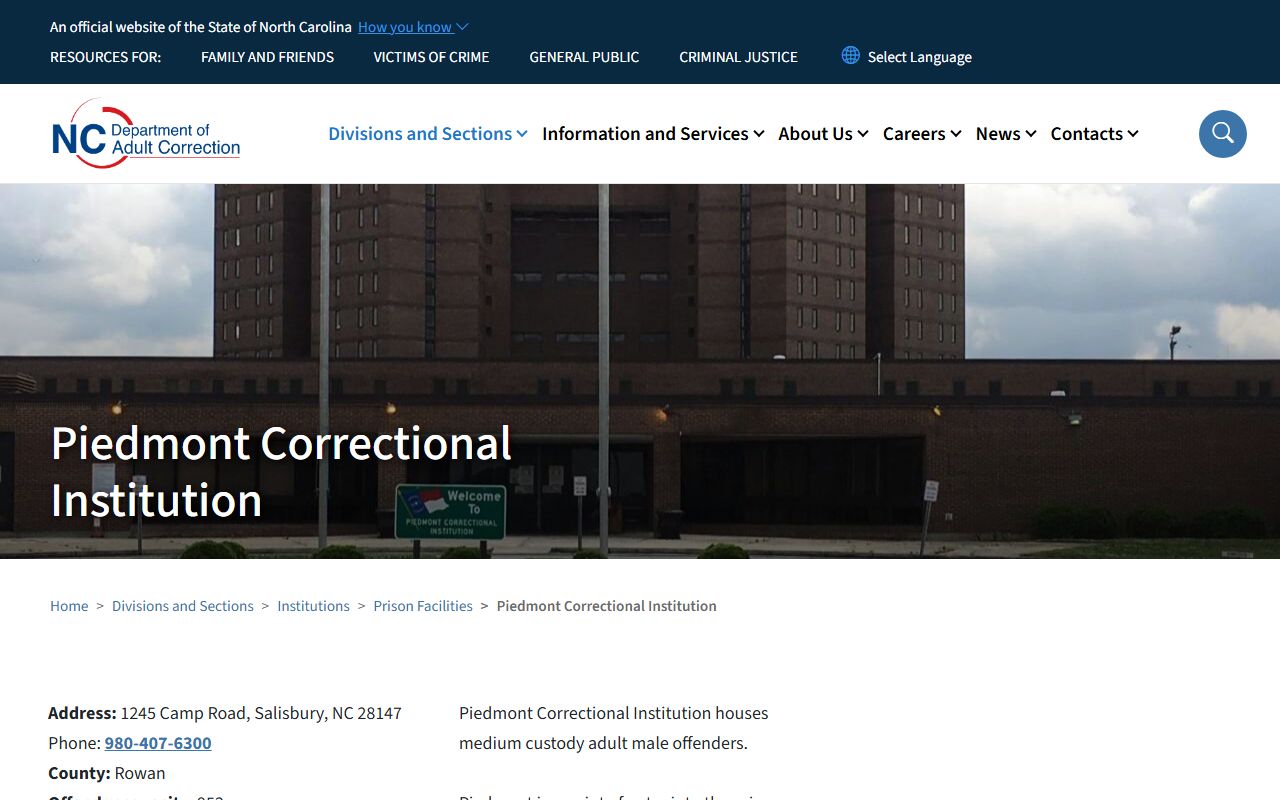 Piedmont Correctional Institution state prison inmate search and facility page