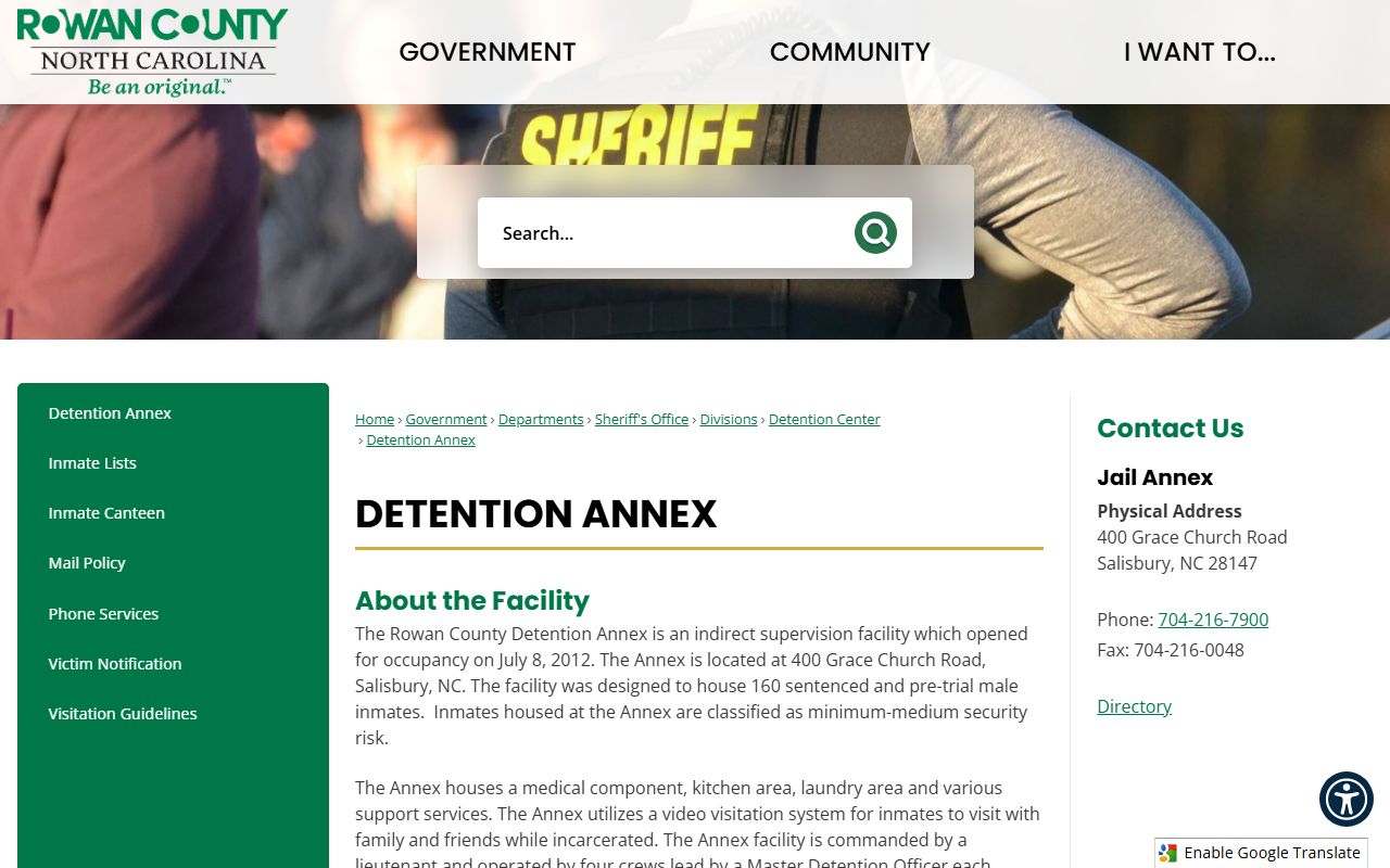 Rowan County Detention Annex inmate roster and facility information page