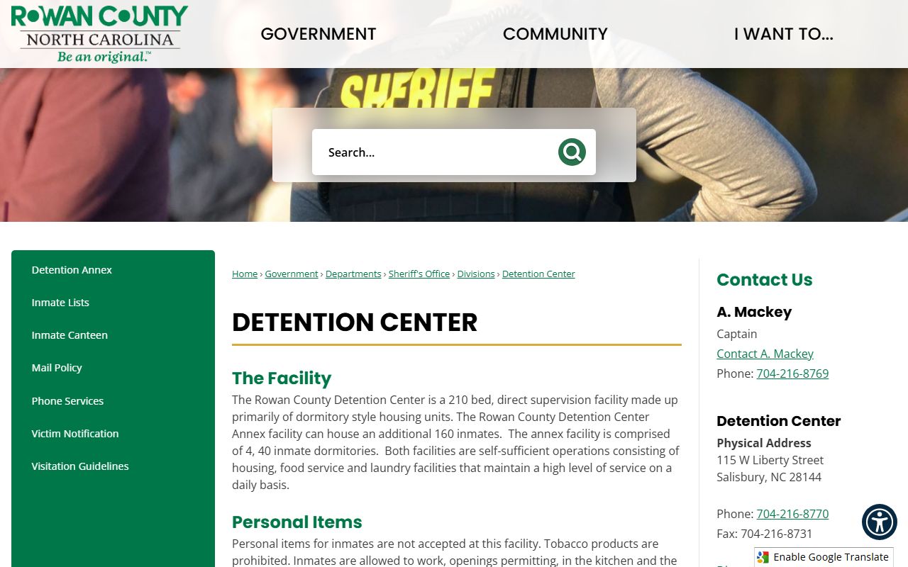 Rowan County Detention Center inmate lookup and jail services page
